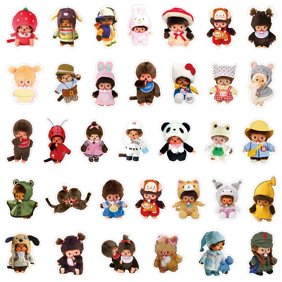 34 pegatinas impermeables Monchhichi de gran tamaño, divertidas y duraderas, para manualidades y proyectos de bricolaje 6