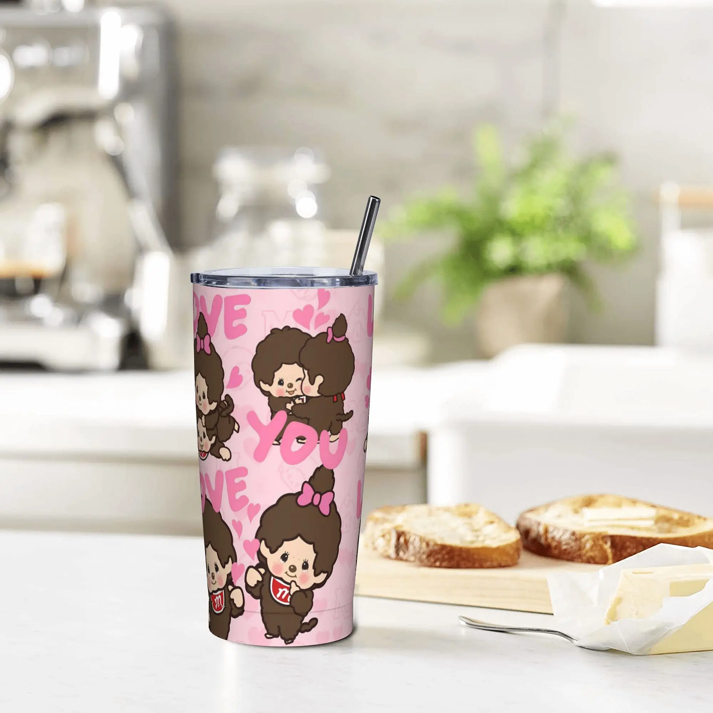 Lindo Monchichis Chimutan vaso de acero inoxidable taza de café para acampar con pajitas y tapa tazas de coche de 20oz botella de agua para bebidas frías 8