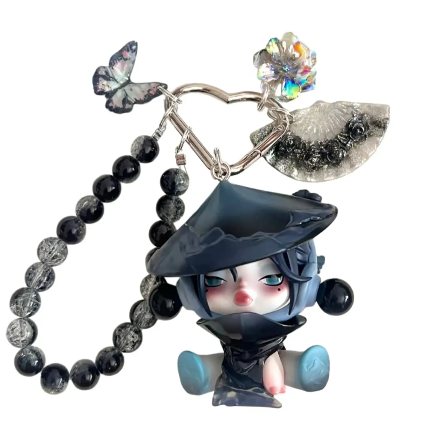 Skullpanda-Llavero kawaii hecho a mano con flor de ciruelo y tinta, colgante para bolso, llavero de coche, caja ciega de moda, juguete para regalo 5