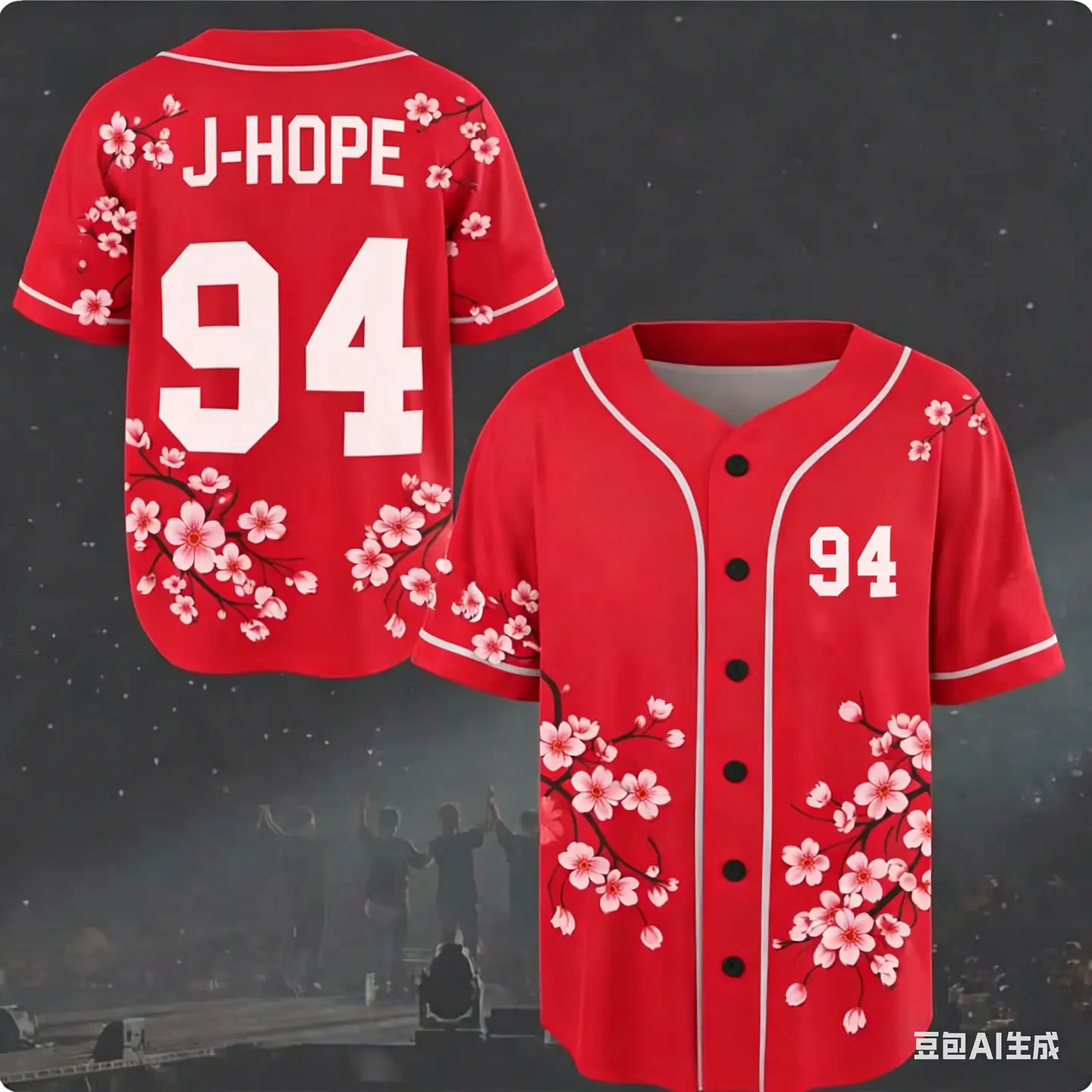 J-HOPE 94 Camiseta de béisbol con estampado de flor de cerezo, camisa de manga corta con estampado floral, tops informales de estilo urbano para fanáticos del Kpop para niños y jóvenes 5