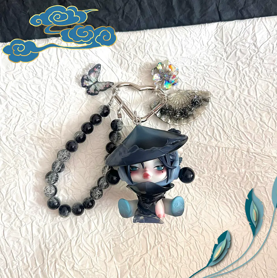 Skullpanda-Llavero kawaii hecho a mano con flor de ciruelo y tinta, colgante para bolso, llavero de coche, caja ciega de moda, juguete para regalo 7
