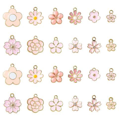 Abalorios de flor de cerezo para fabricación de joyas, 60 piezas, 12 estilos, serie rosa, primavera y verano