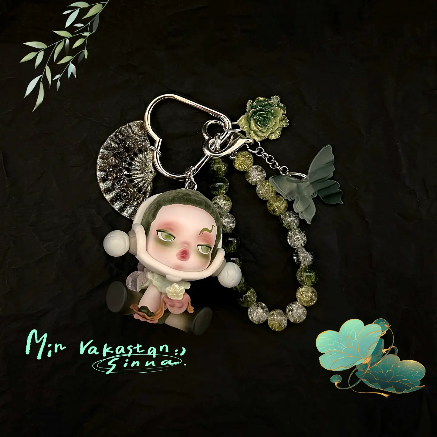 Skullpanda-Llavero kawaii hecho a mano con flor de ciruelo y tinta, colgante para bolso, llavero de coche, caja ciega de moda, juguete para regalo 9