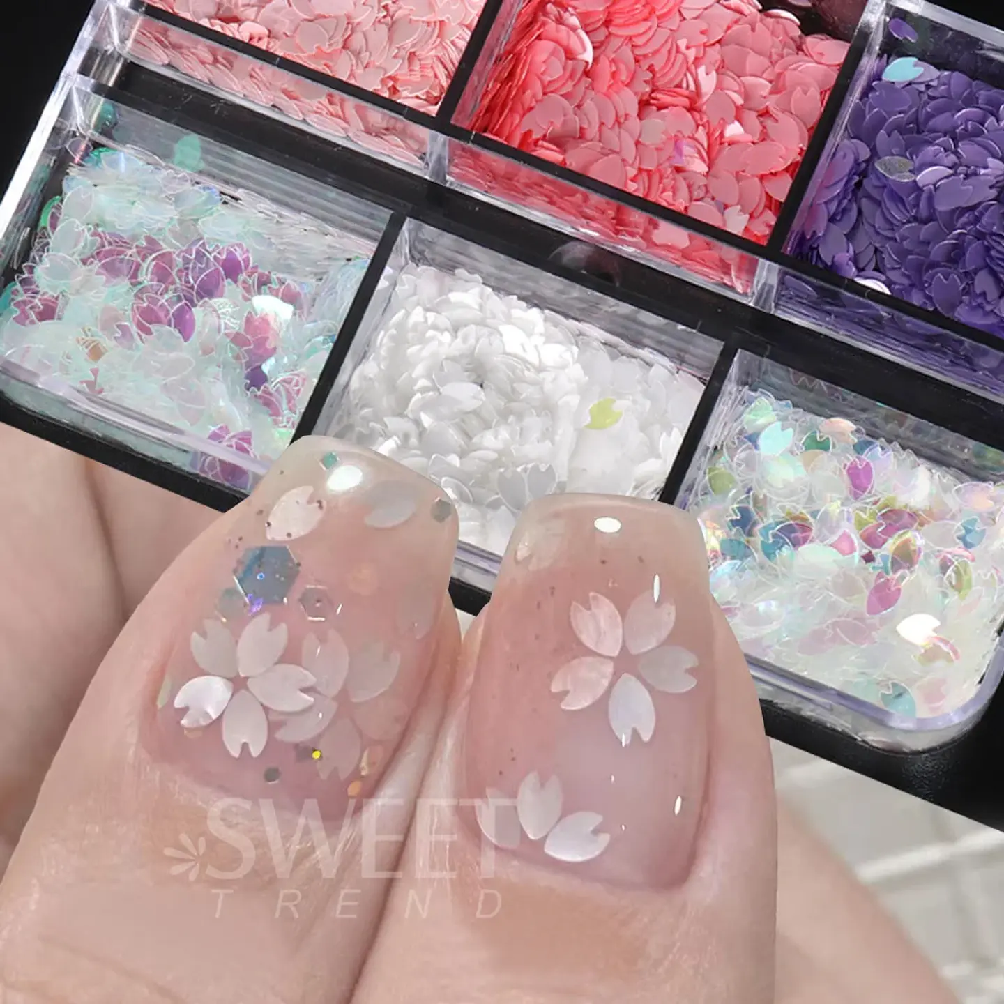 6 rejillas Sakura flor pétalo Chip lentejuelas para uñas flores de cerezo pegatinas brillantes primavera decoración holográfica japonesa escamas SAS128 10