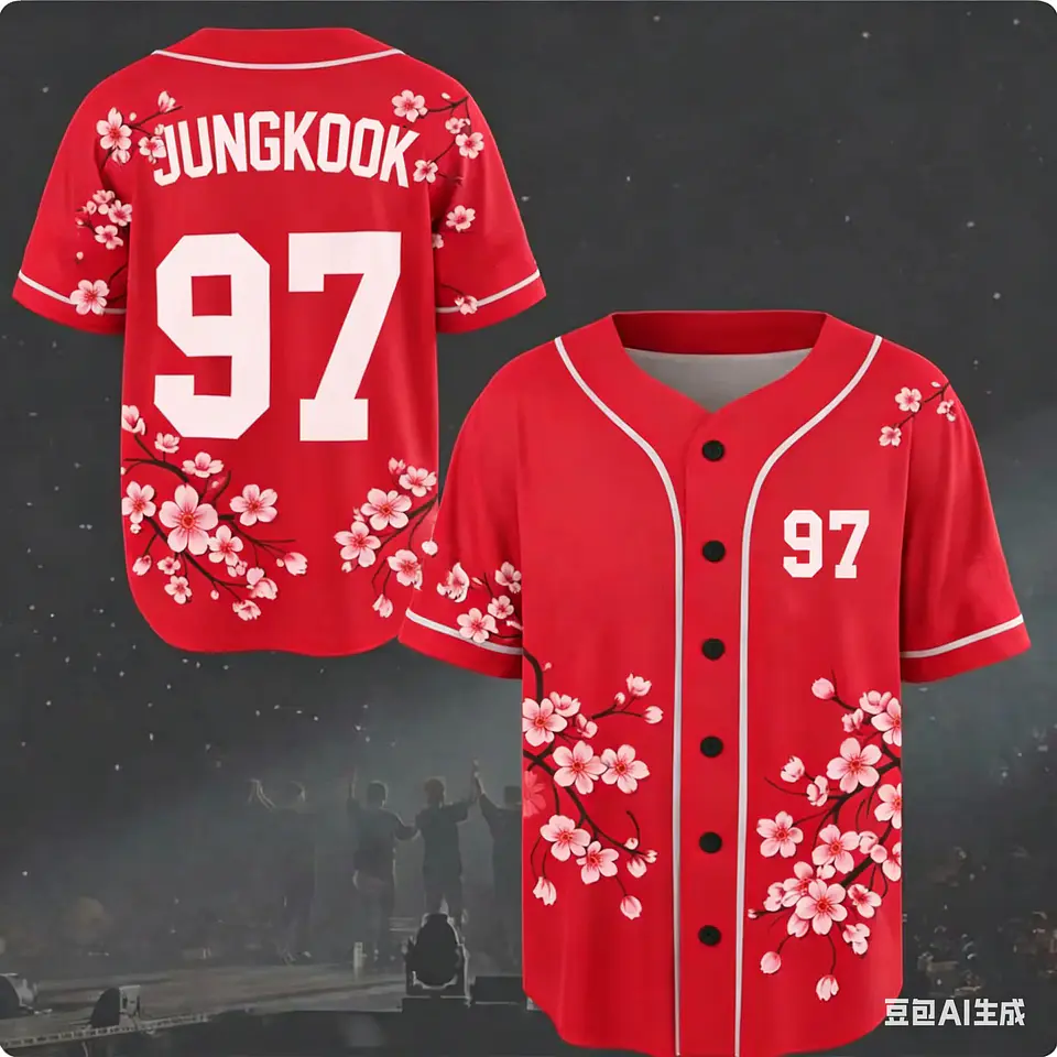 J-HOPE 94 Camiseta de béisbol con estampado de flor de cerezo, camisa de manga corta con estampado floral, tops informales de estilo urbano para fanáticos del Kpop para niños y jóvenes 6
