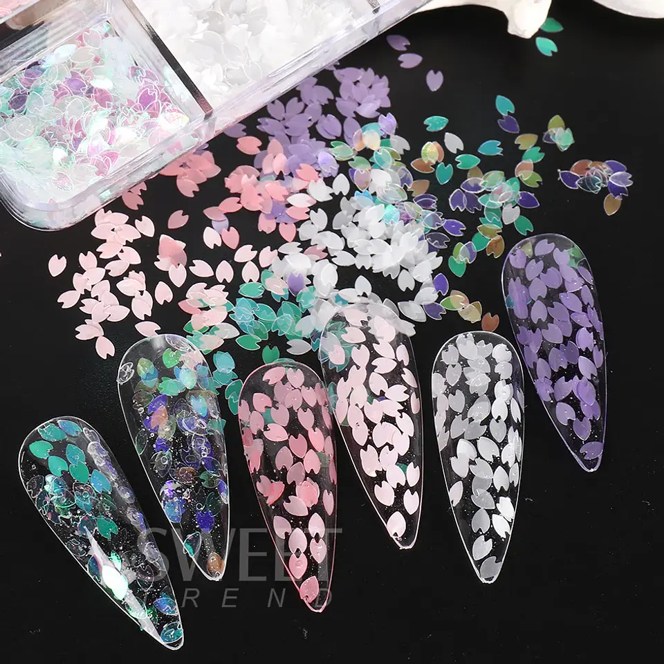 6 rejillas Sakura flor pétalo Chip lentejuelas para uñas flores de cerezo pegatinas brillantes primavera decoración holográfica japonesa escamas SAS128 11