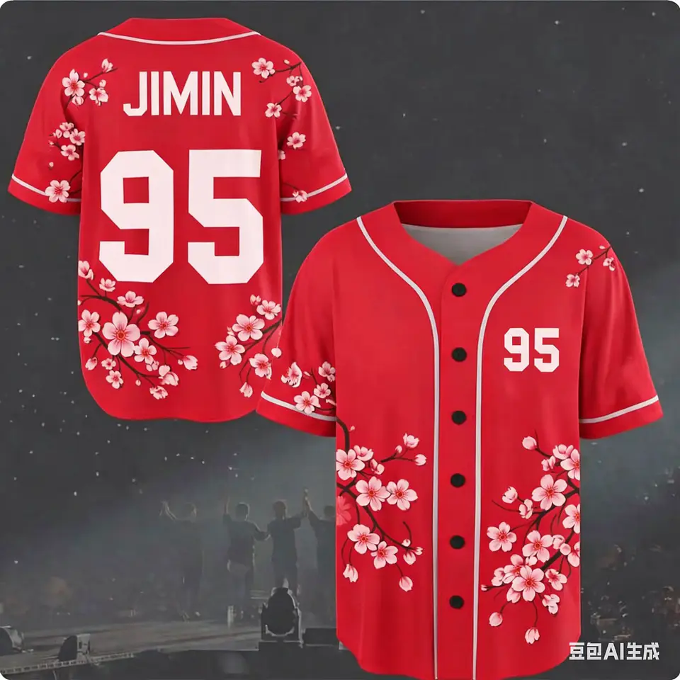 J-HOPE 94 Camiseta de béisbol con estampado de flor de cerezo, camisa de manga corta con estampado floral, tops informales de estilo urbano para fanáticos del Kpop para niños y jóvenes 7