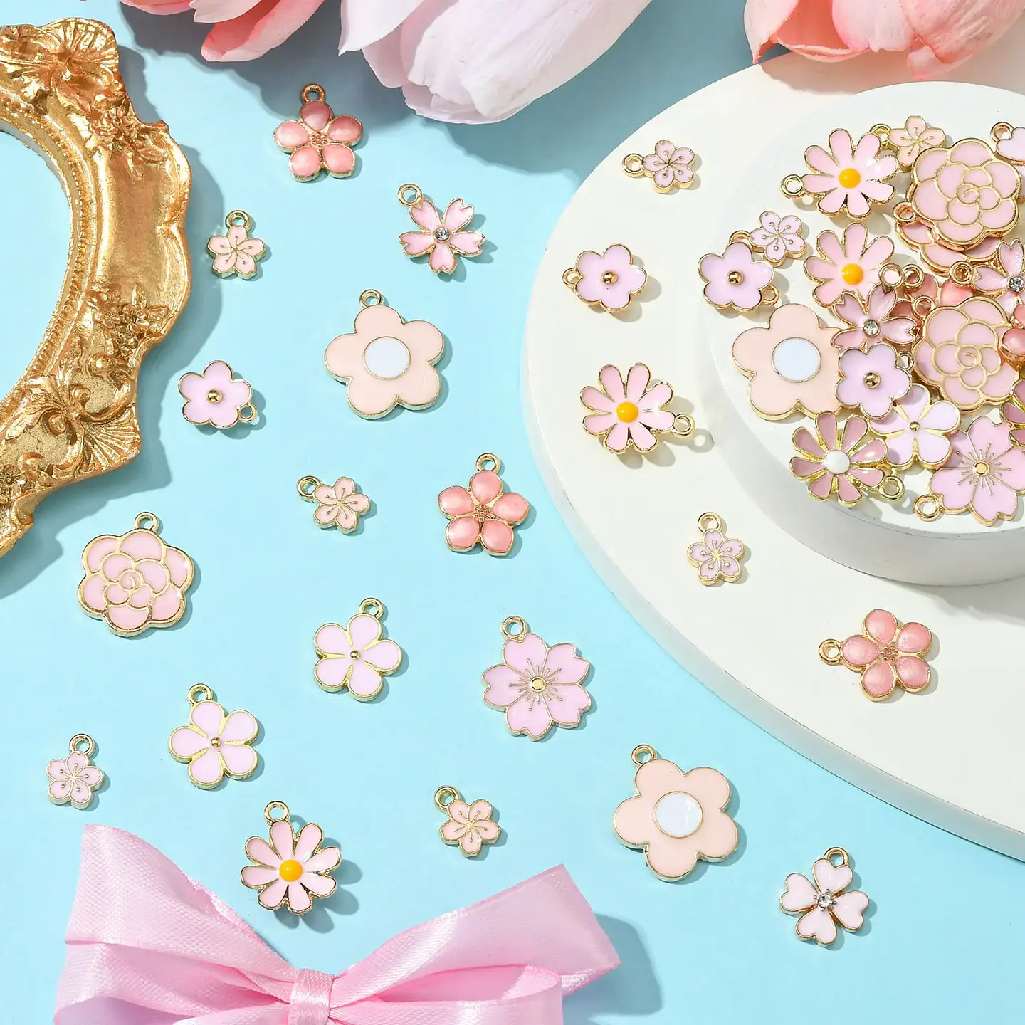 Abalorios de flor de cerezo para fabricación de joyas, 60 piezas, 12 estilos, serie rosa, primavera y verano 5