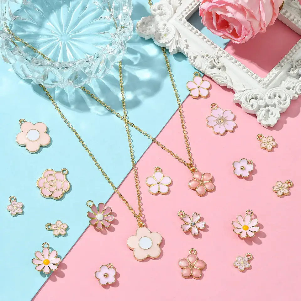 Abalorios de flor de cerezo para fabricación de joyas, 60 piezas, 12 estilos, serie rosa, primavera y verano 6