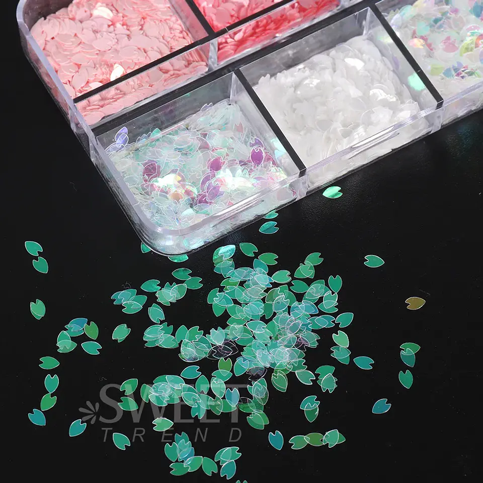 6 rejillas Sakura flor pétalo Chip lentejuelas para uñas flores de cerezo pegatinas brillantes primavera decoración holográfica japonesa escamas SAS128 17