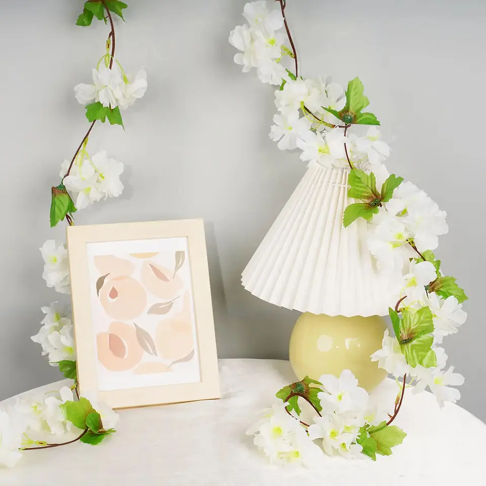 Flores de cerezo artificiales de 2,2 m, enredaderas, flores de seda, guirnalda colgante de ratán Sakura, decoración del jardín del hogar para fiesta de boda 14