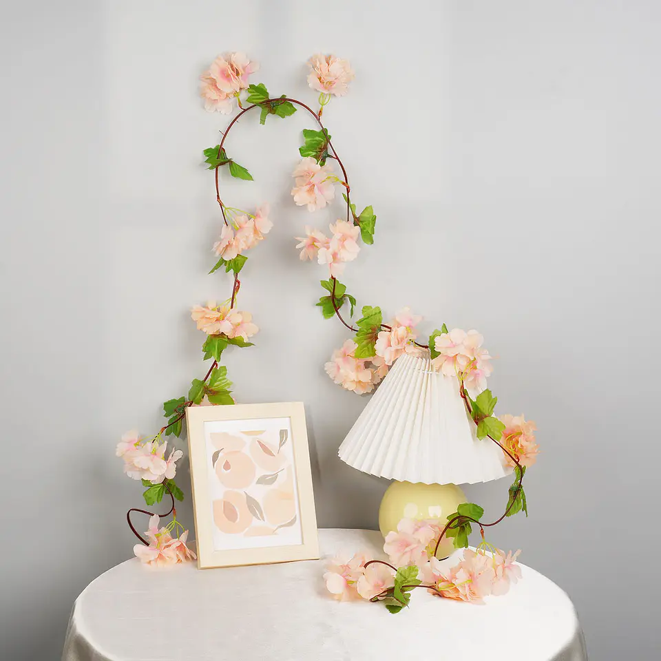 Flores de cerezo artificiales de 2,2 m, enredaderas, flores de seda, guirnalda colgante de ratán Sakura, decoración del jardín del hogar para fiesta de boda 16