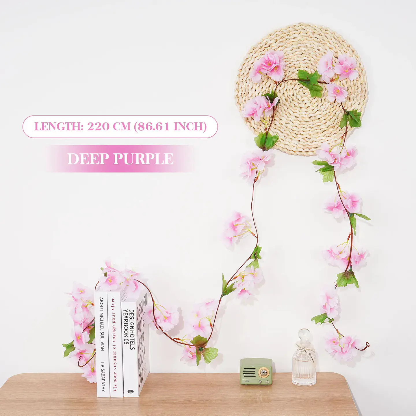 Flores de cerezo artificiales de 2,2 m, enredaderas, flores de seda, guirnalda colgante de ratán Sakura, decoración del jardín del hogar para fiesta de boda 22