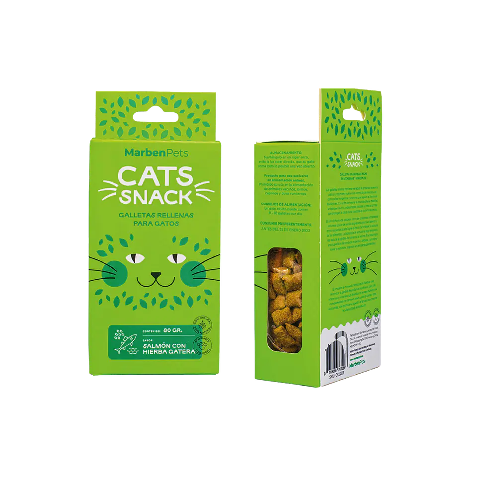 CATS SNACK GALLETAS RELLENAS SALMON CON HIERBA GATERA 80 GR. 1