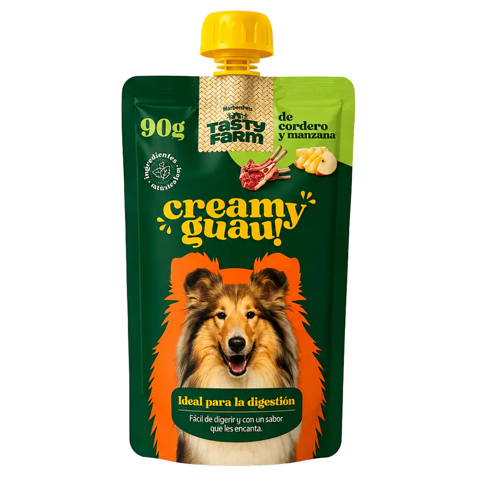 CREAMY GUAU CORDERO Y MANZANA 90 G – TASTY FARM 1