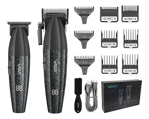 VGR Kit Máquina Barbería Pro Clipper Trimmer V-640 9000 Rpm color Negro