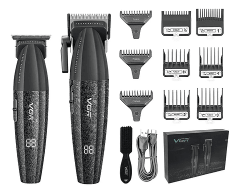 VGR Kit Máquina Barbería Pro Clipper Trimmer V-640 9000 Rpm color Negro