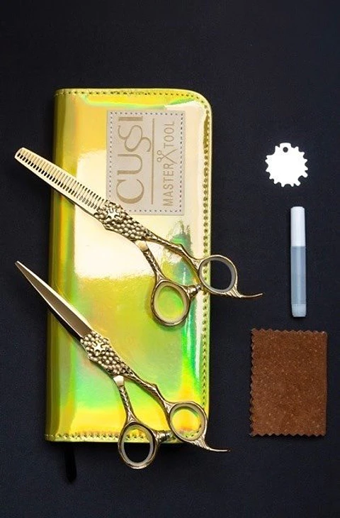 Cussi® Juego 2 De Tijeras de peluquería de Alta Gama de 6.0 Color Dorado de Damasco F003
