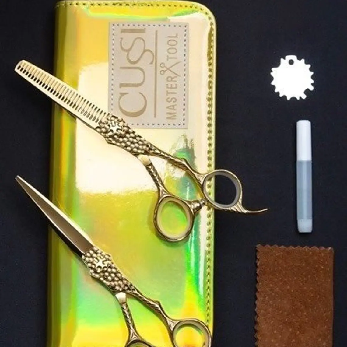 Cussi® Juego 2 De Tijeras de peluquería de Alta Gama de 6.0 Color Dorado de Damasco F003 1