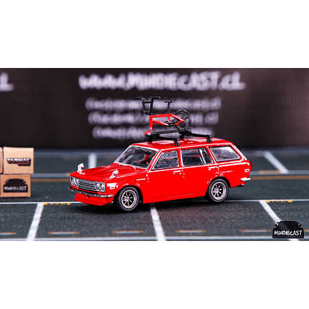 Tarmac Works 1:64 Datsun Bluebird 510 Wagon Red Bicycle with roof rack included