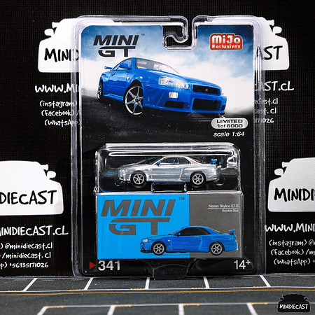 Mini GT 1:64 Mijo Exclusive Nissan Skyline GT-R R34 V-Spec II Bayside Blue (Chase)