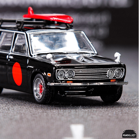 Tarmac Works 1:64 Mijo Exclusive Datsun Bluebird 510 Wagon Black With Surfboard Special Limited Edition.