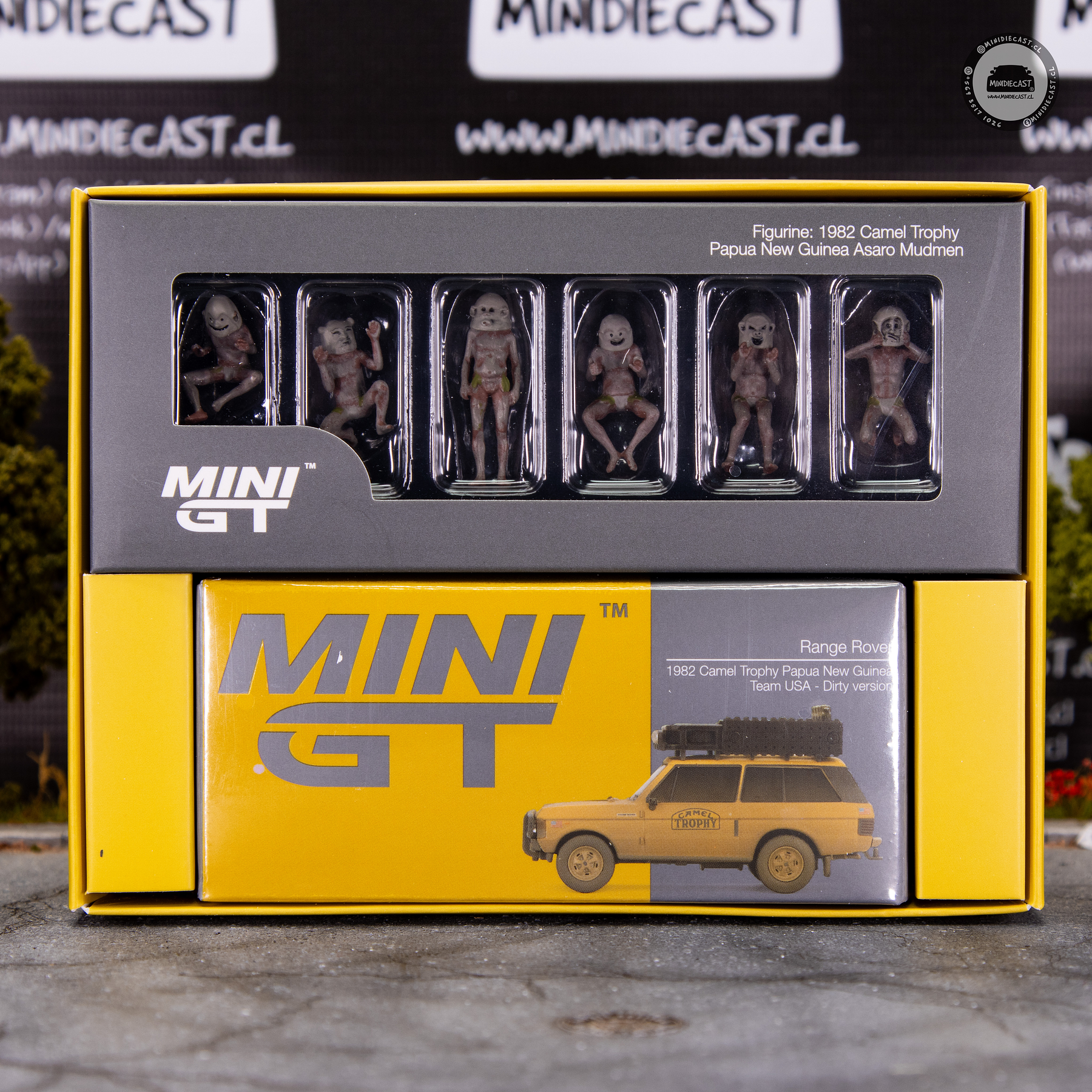 Mini GT 1:64 Mijo Exclusives Range Rover 1982 Classic Camel Trophy Papua Guinea Camel Set