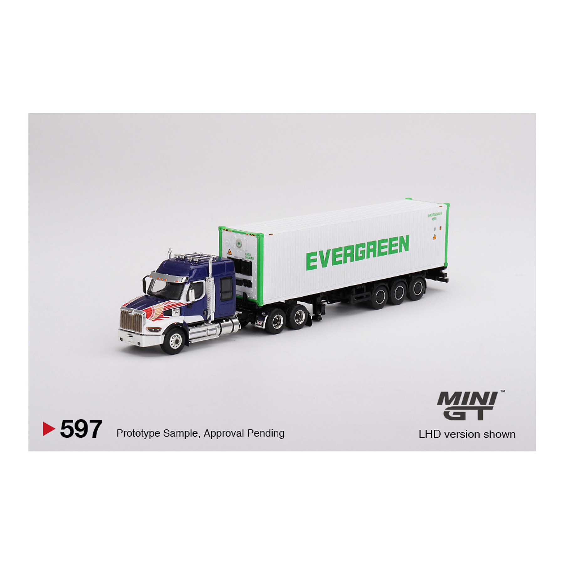 Mini GT 1:64 Western Star 49X with 40? Reefer Container EVERGREEN Limited Edition – White.