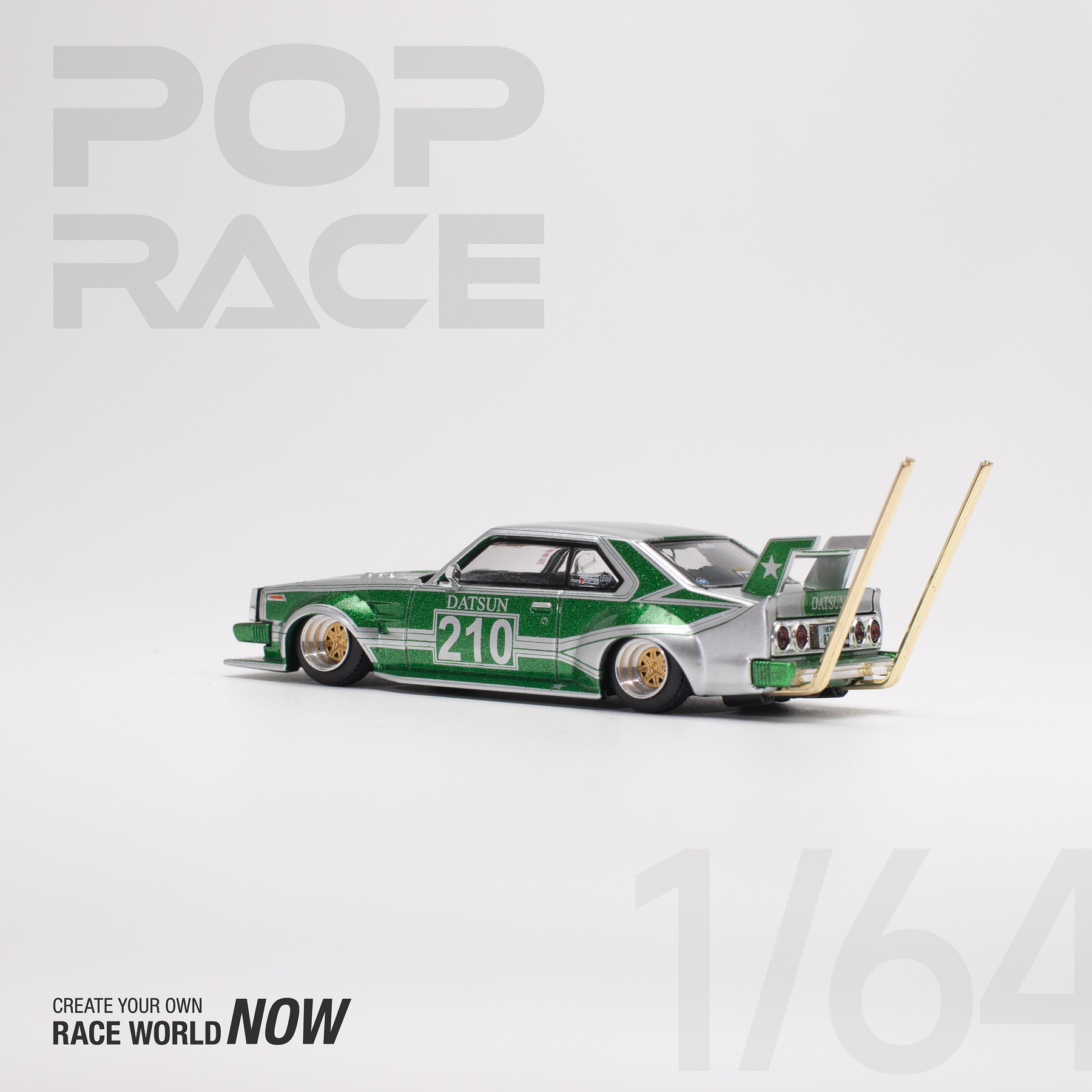 (PREVENTA) Pop Race 1:64 Nissan Skyline C210 Kaido Racer Bosozuko Style Silver / Green