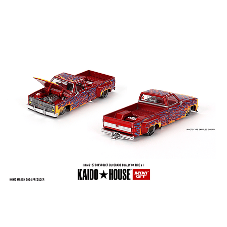 (PREVENTA) Kaido House x Mini GT 1:64 Chevrolet Silverado Dually on Fire V1 – Red with Flames