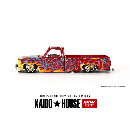 (PREVENTA) Kaido House x Mini GT 1:64 Chevrolet Silverado Dually on Fire V1 – Red with Flames