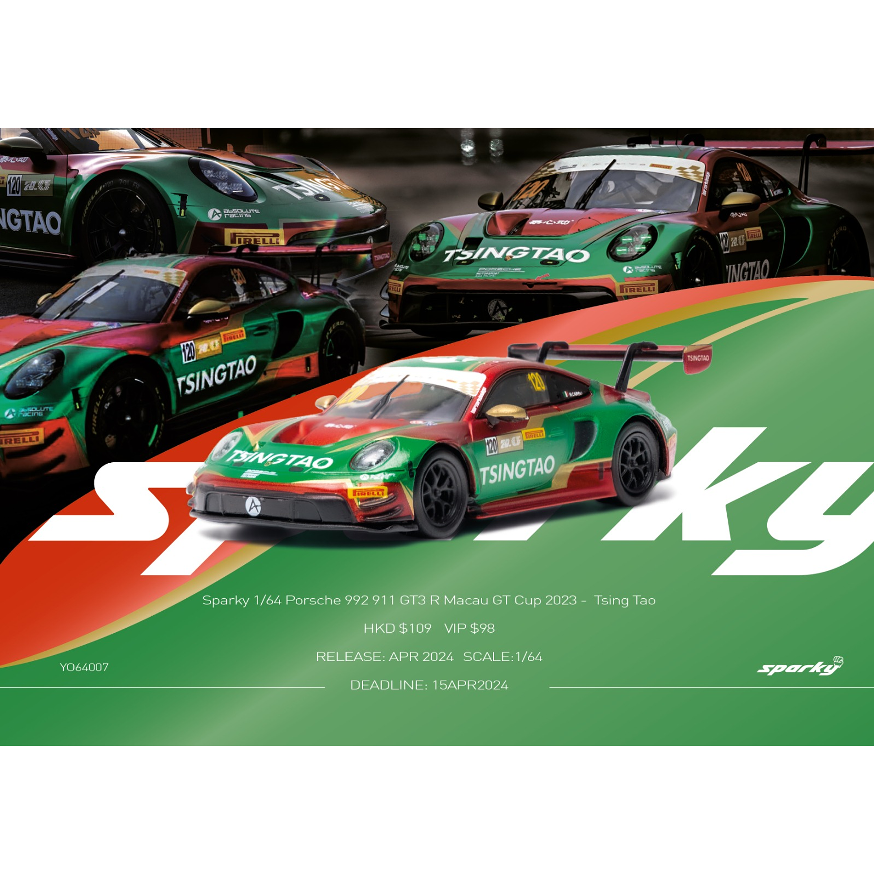 (PREVENTA) Sparky 1:64 Porsche 992 911 GT3 R Macau GT Cup 2023 - Tsing Tao（Tiny Exclusive) 
