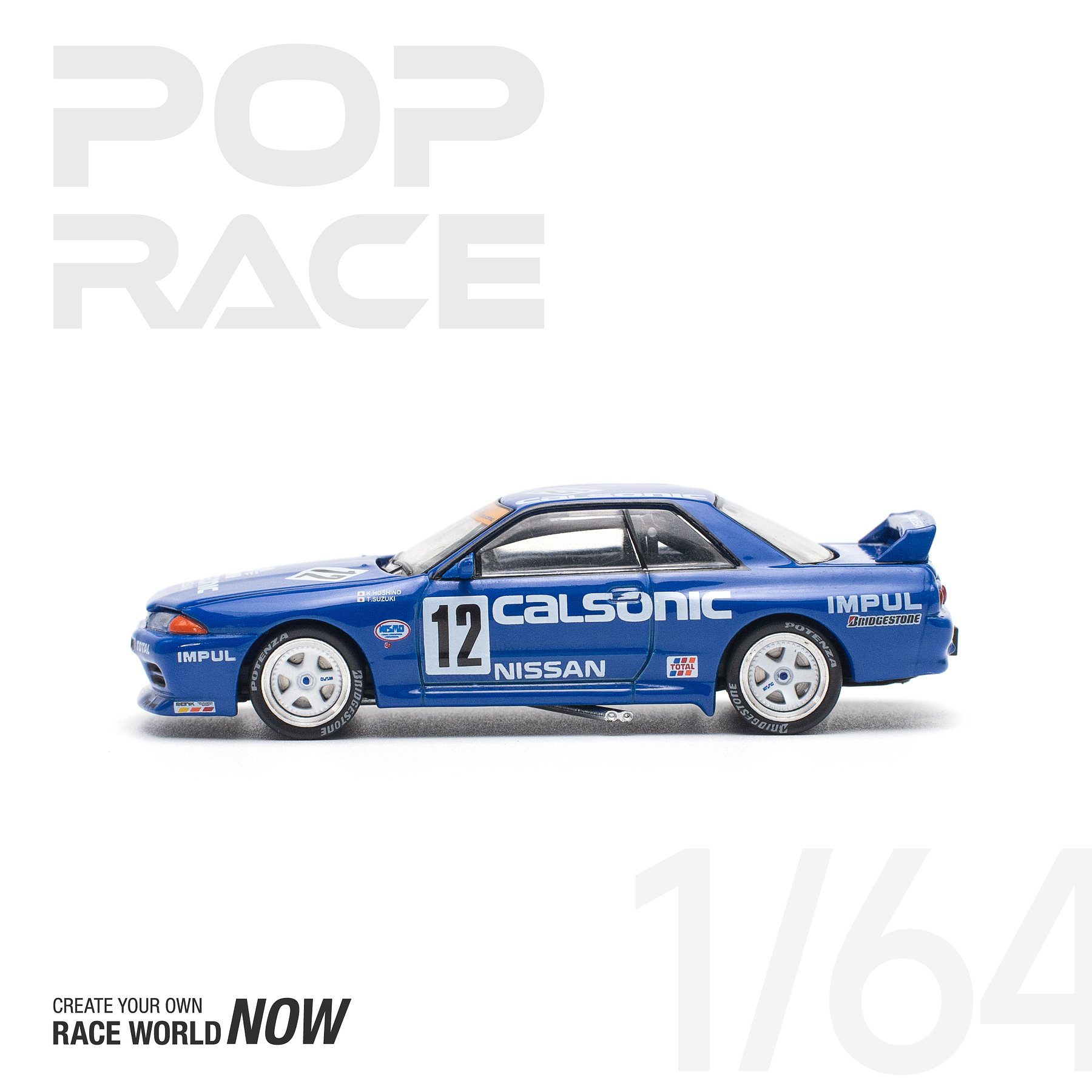 PREVENTA Pop Race 1:64 Nissan Skyline GT-R R32 JTC 1990 CALSONIC #12