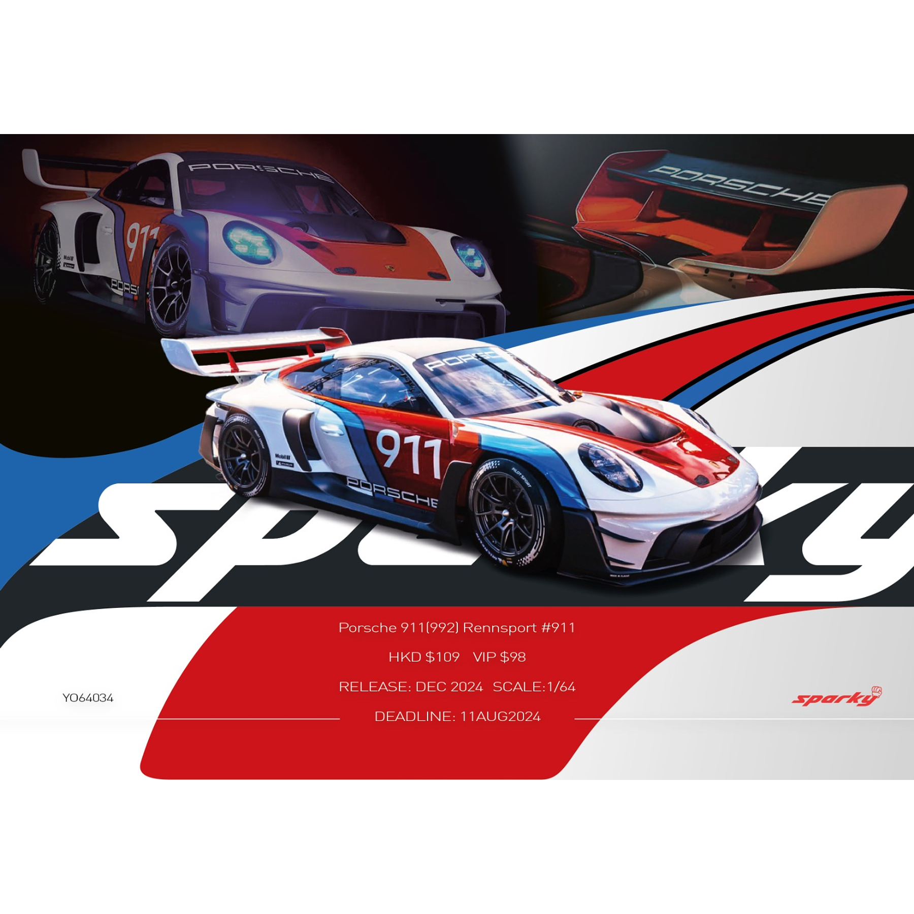 PREVENTA Sparky 1:64 Porsche 911 (992) Rennsport #911（Tiny Exclusive ）