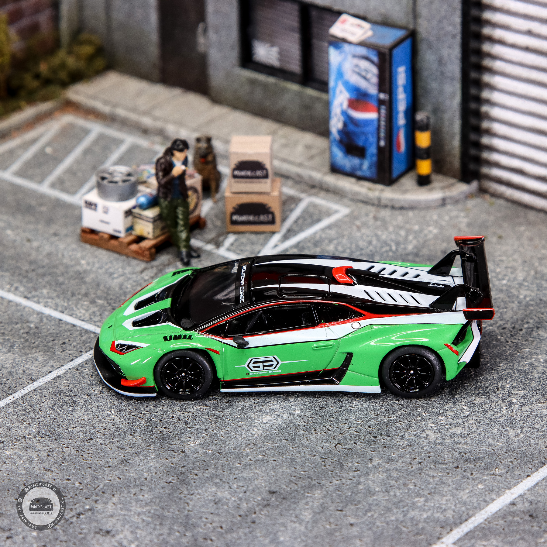 Mini GT 1:64 Lamborghini Huracan GT3 EVO2 Presentation Green – MiJo Exclusives.