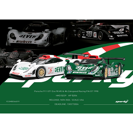 PREVENTA Sparky 1:64 Porsche 911 GT1 Evo 98 #5 & #6 Zakspeed Racing FIA GT 1998  (Tiny Exclusive)