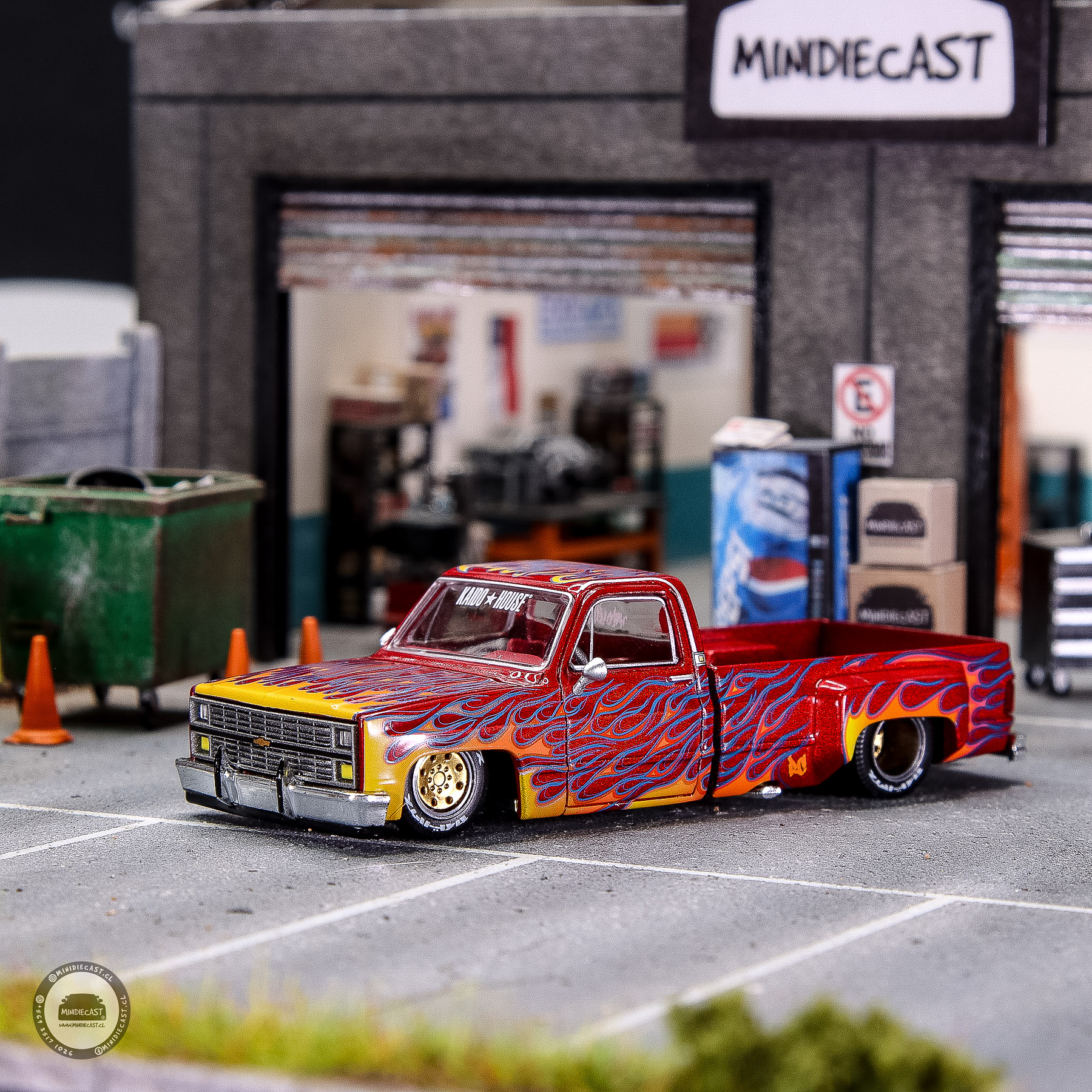 Kaido House x Mini GT 1:64 Chevrolet Silverado Dually on Fire V1 – Red with Flames.