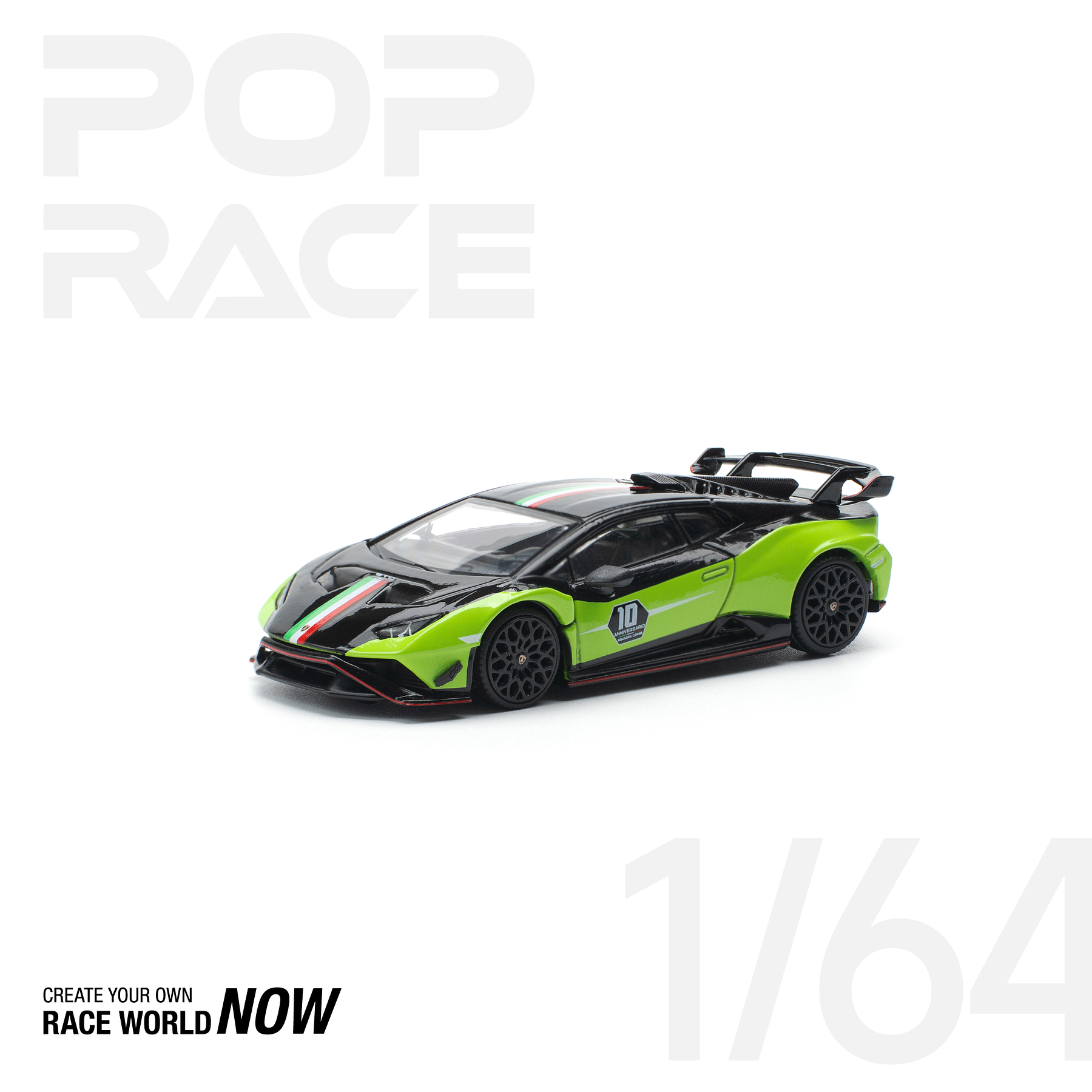 (PREVENTA) Pop Race 1:64 Lamborghini Huracan STO (LP640-2) 10 ANNIVERSARIO - Green / Black. Opening Front &  Removeable Rear Cover Detailed Engine