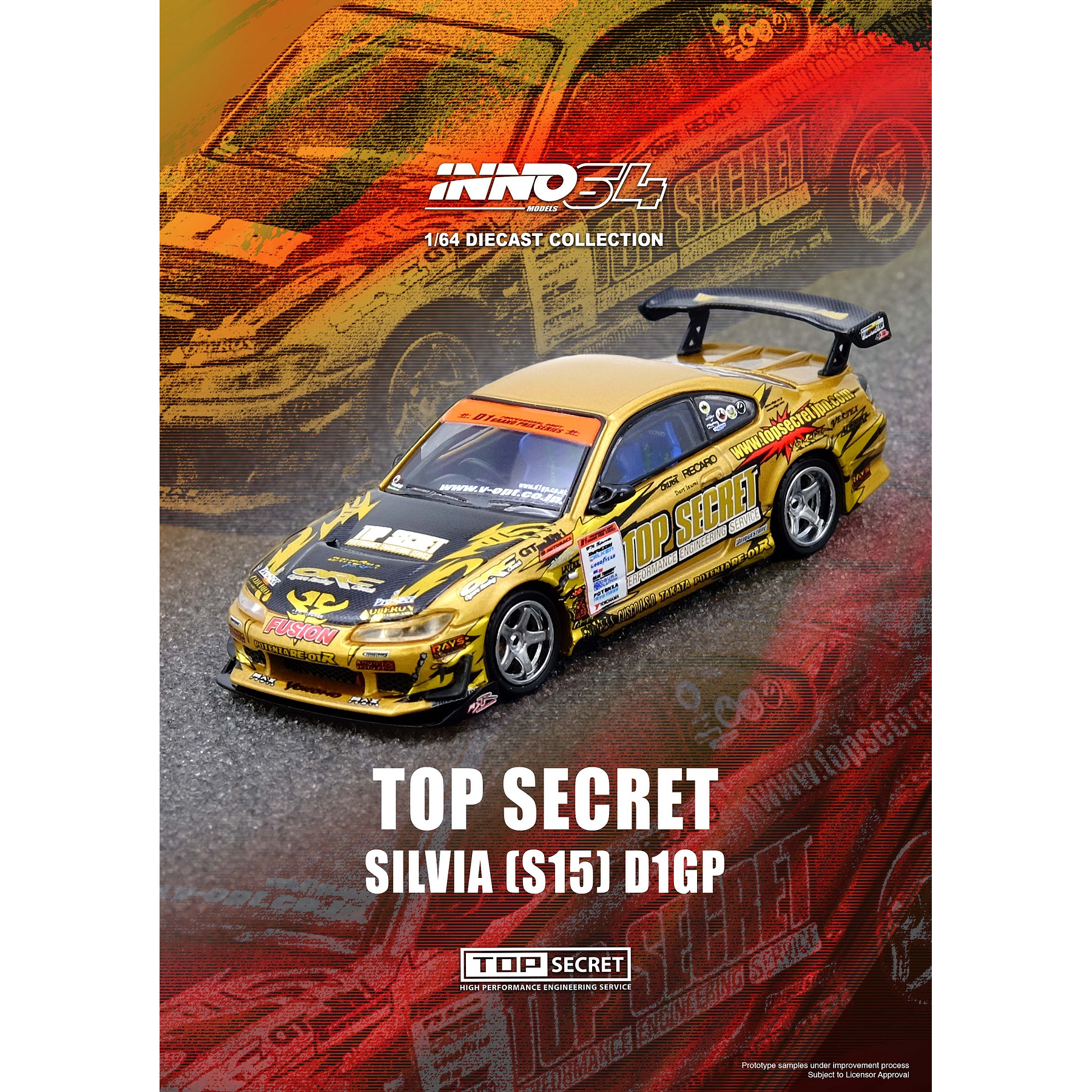 (PREVENTA) Inno64 1:64 TOP SECRET Nissan Silvia (S15) Gold D1 Grand Prix Series Champion 2004