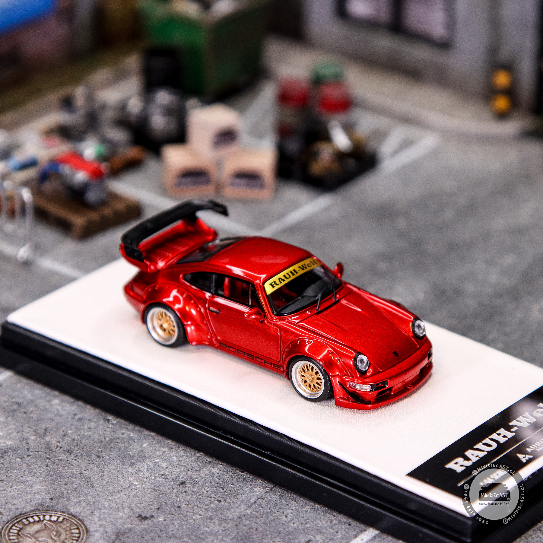 Aurora Model 1:64 Porsche RWB 964 Candy Powder Red Metallic with Figure.