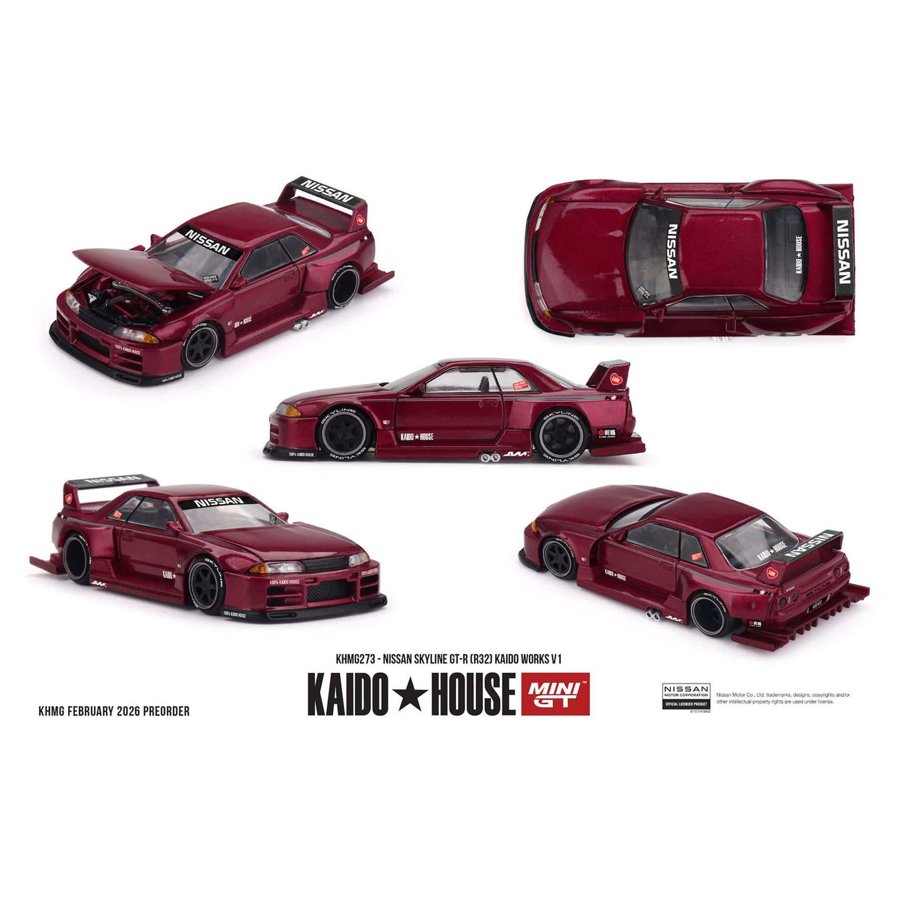 (PREVENTA) Kaido House x Mini GT 1:64 Nissan Skyline GT-R (R32) Kaido Works V1 – Burgundy Red
