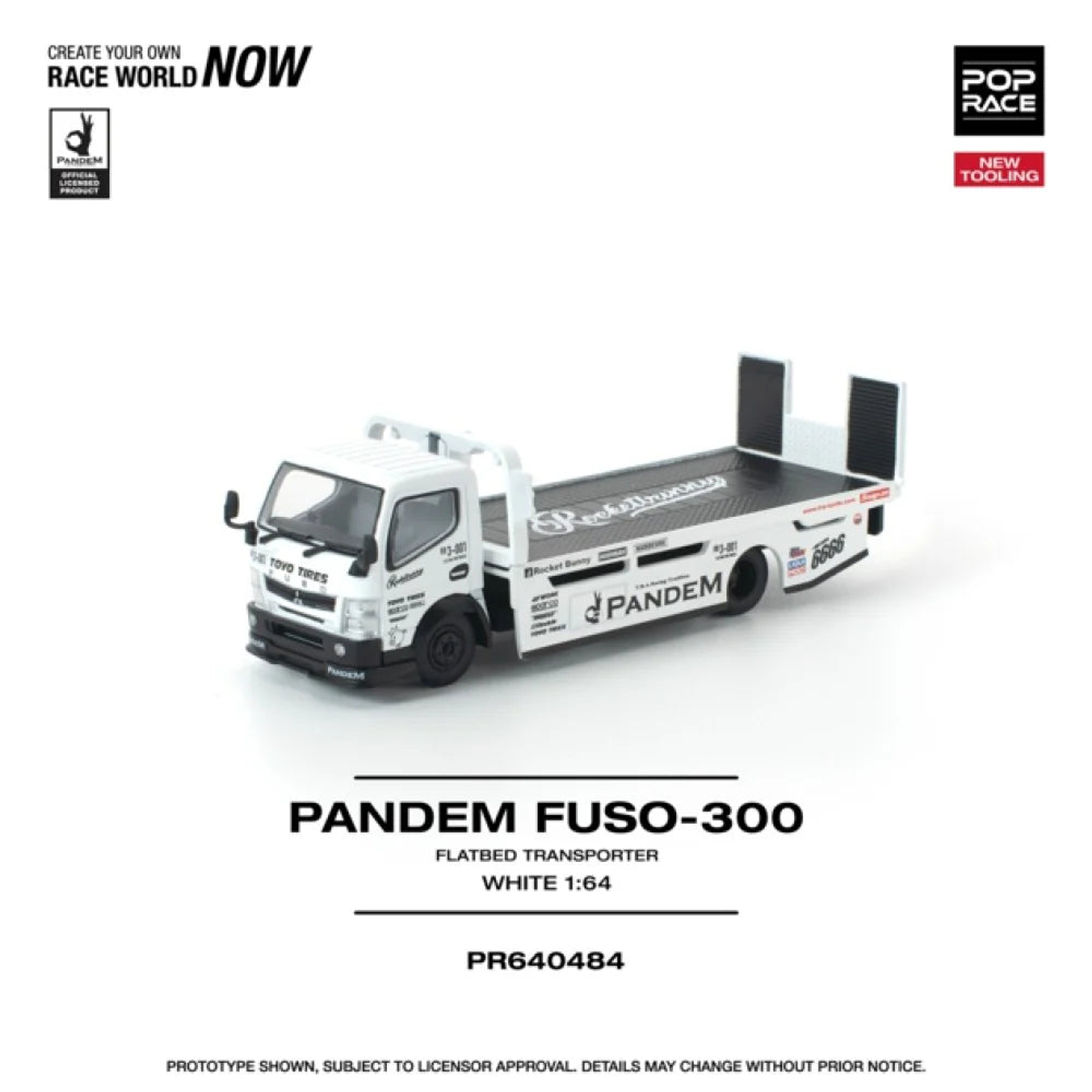 (PREVENTA) Pop Race 1:64 Mitsubishi Pandem FUSO 300 Flatbed Transporter White