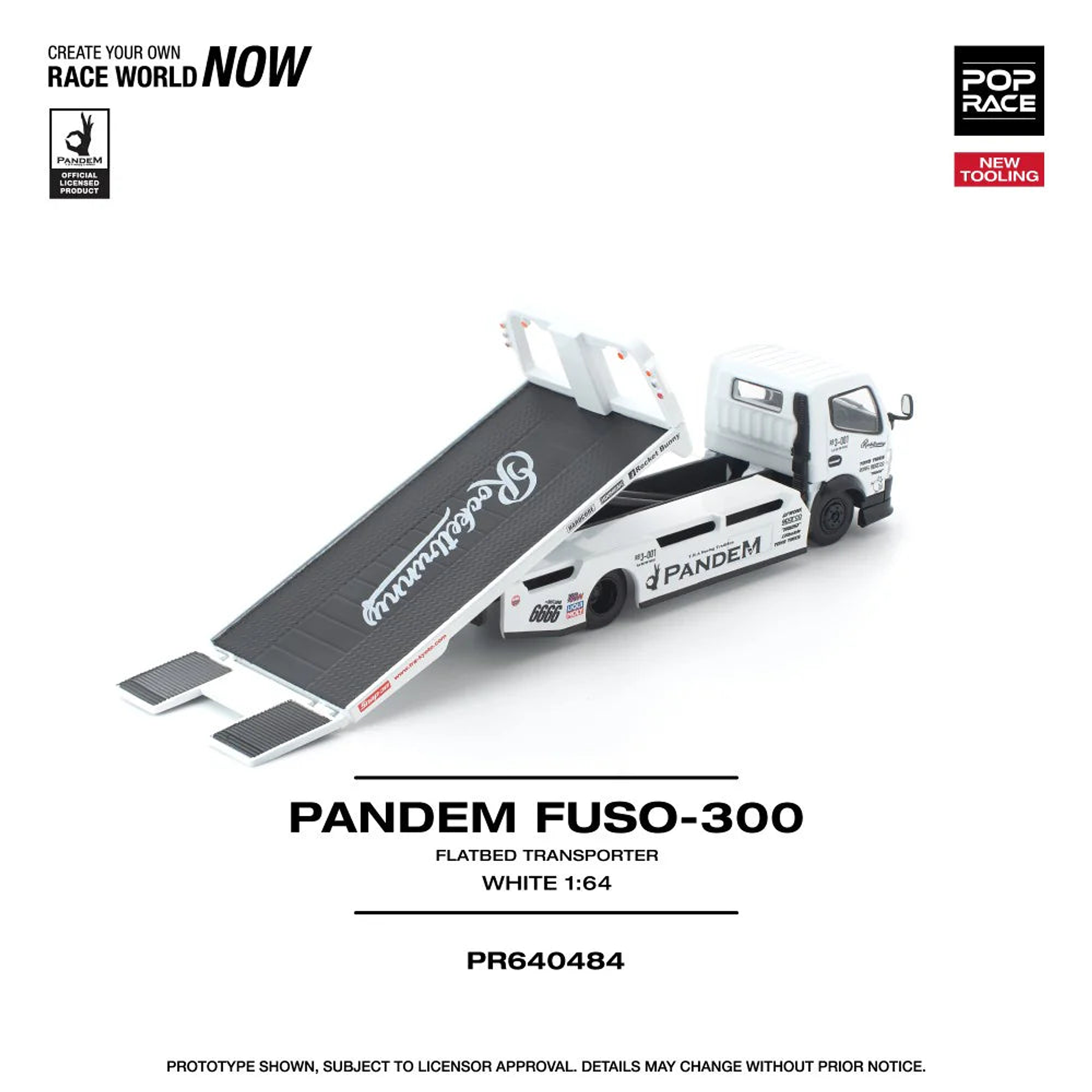 (PREVENTA) Pop Race 1:64 Mitsubishi Pandem FUSO 300 Flatbed Transporter White