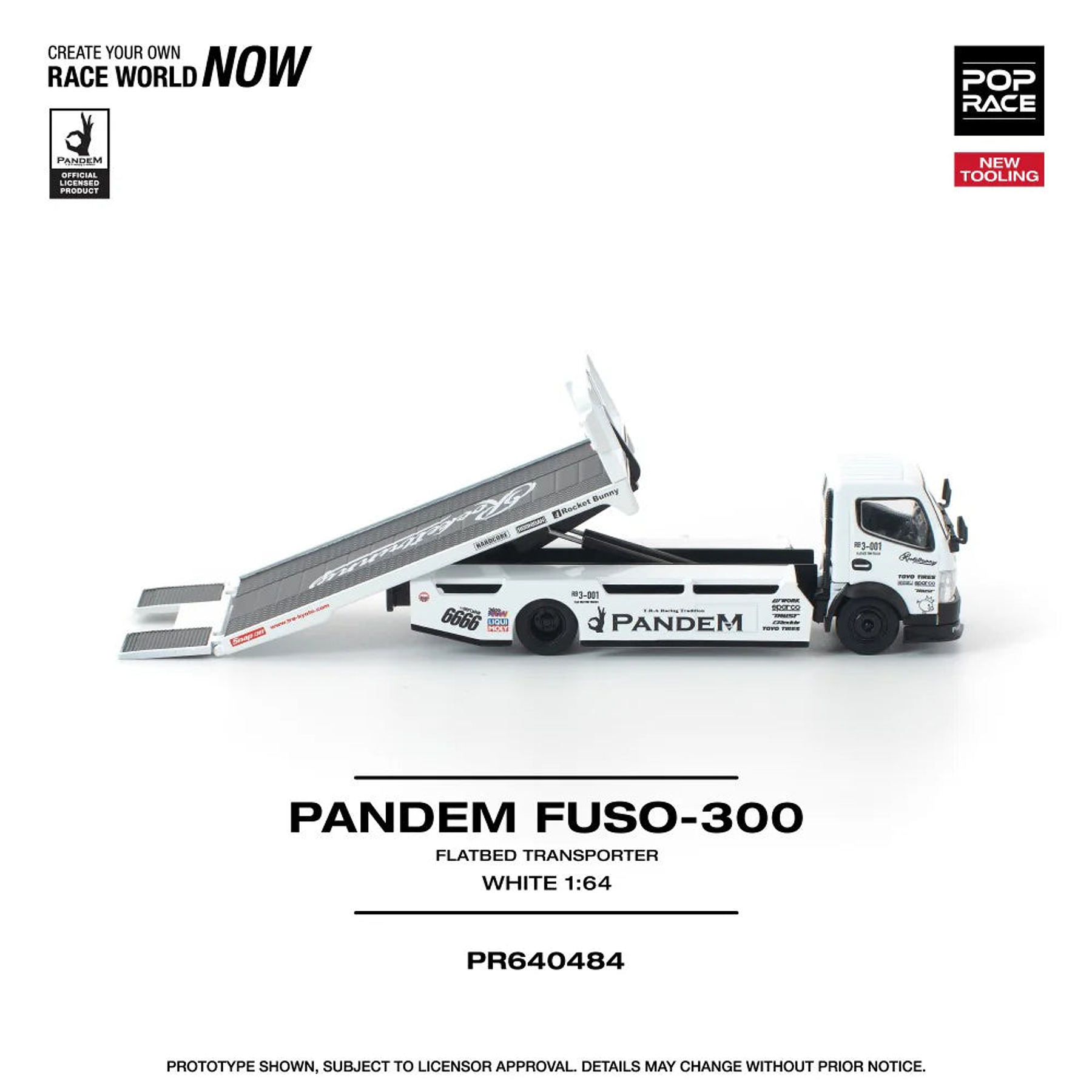 (PREVENTA) Pop Race 1:64 Mitsubishi Pandem FUSO 300 Flatbed Transporter White