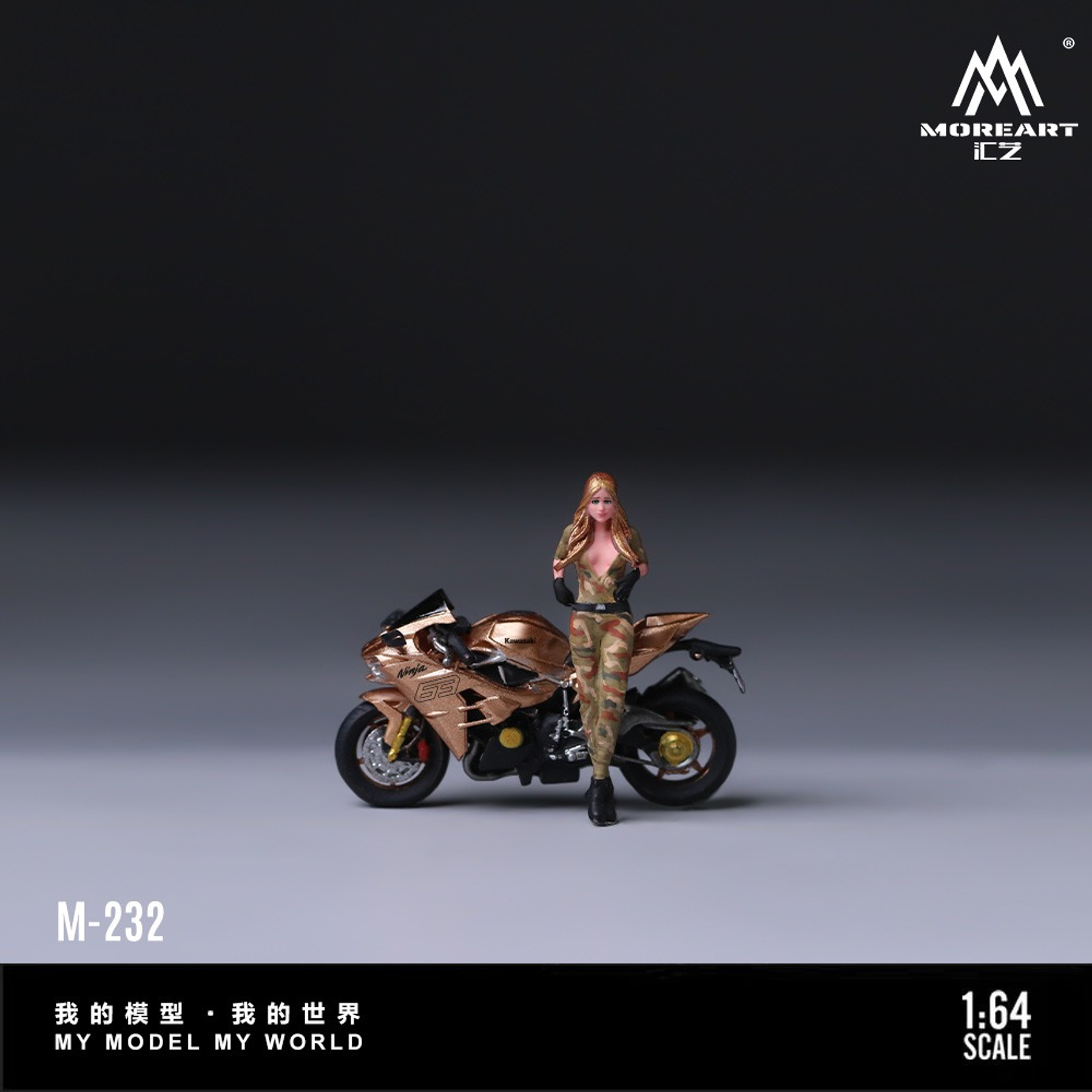 (PREVENTA) MoreArt 1:64 Kawasaki Golden 63 Camouflage Uniform Blonde Girl Motorcycle Figure Resin Model