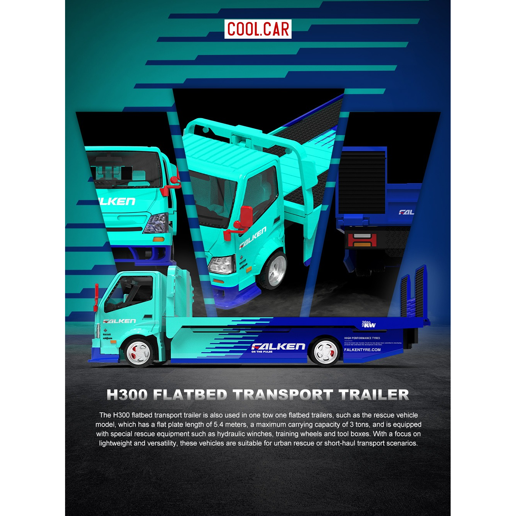 (PREVENTA) Cool Car 1:64 H300 flatbed transport trailer Falken