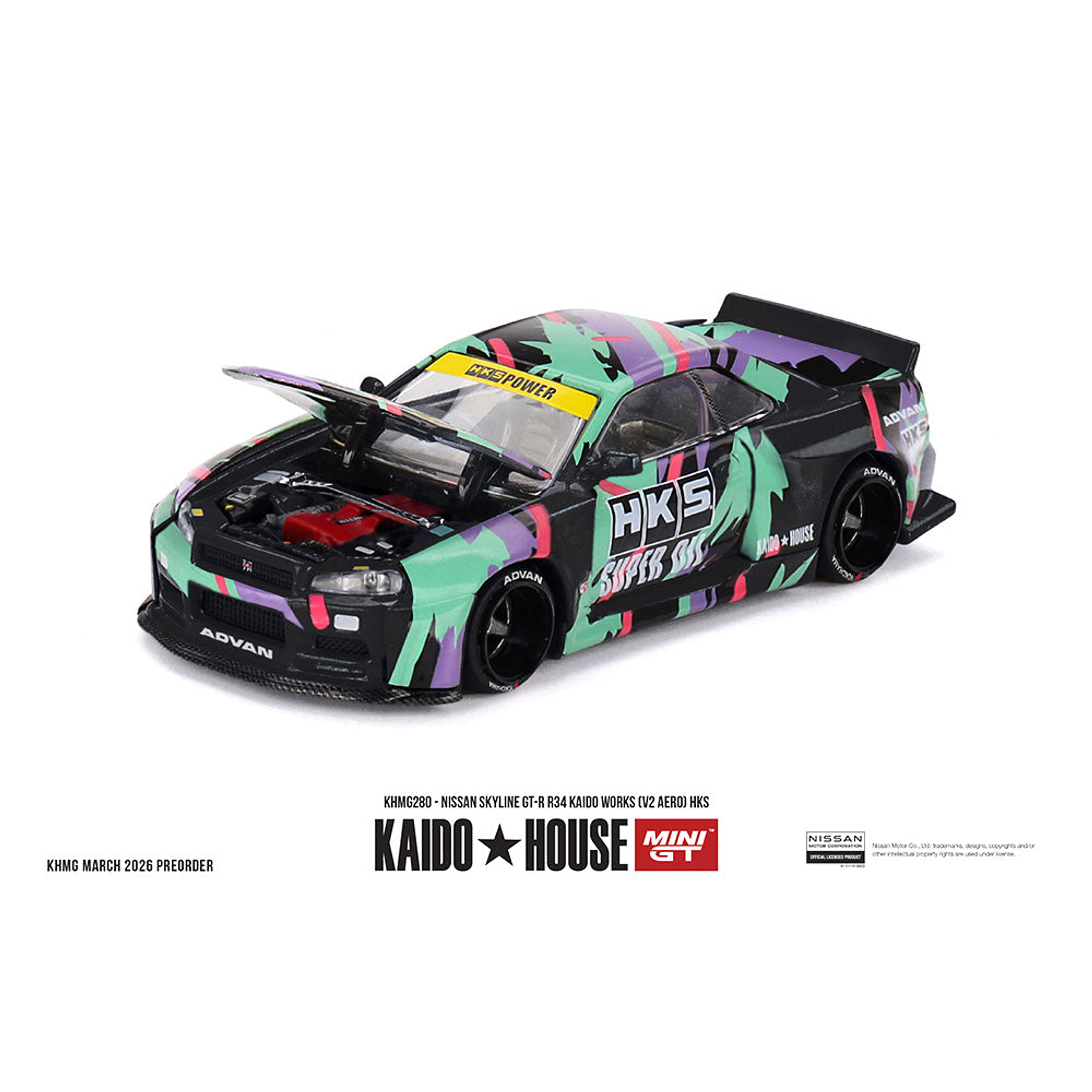 (PREVENTA) Kaido House x Mini GT 1:64 Nissan Skyline GT-R R34 Kaido Works (V2 Aero) HKS – Limited Edition KHMG280