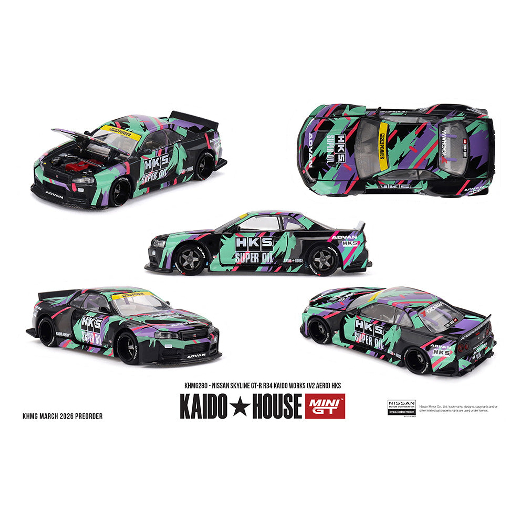 (PREVENTA) Kaido House x Mini GT 1:64 Nissan Skyline GT-R R34 Kaido Works (V2 Aero) HKS – Limited Edition KHMG280