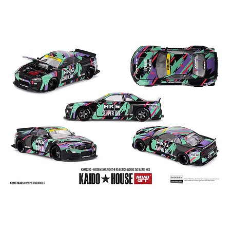 (PREVENTA) Kaido House x Mini GT 1:64 Nissan Skyline GT-R R34 Kaido Works (V2 Aero) HKS – Limited Edition KHMG280