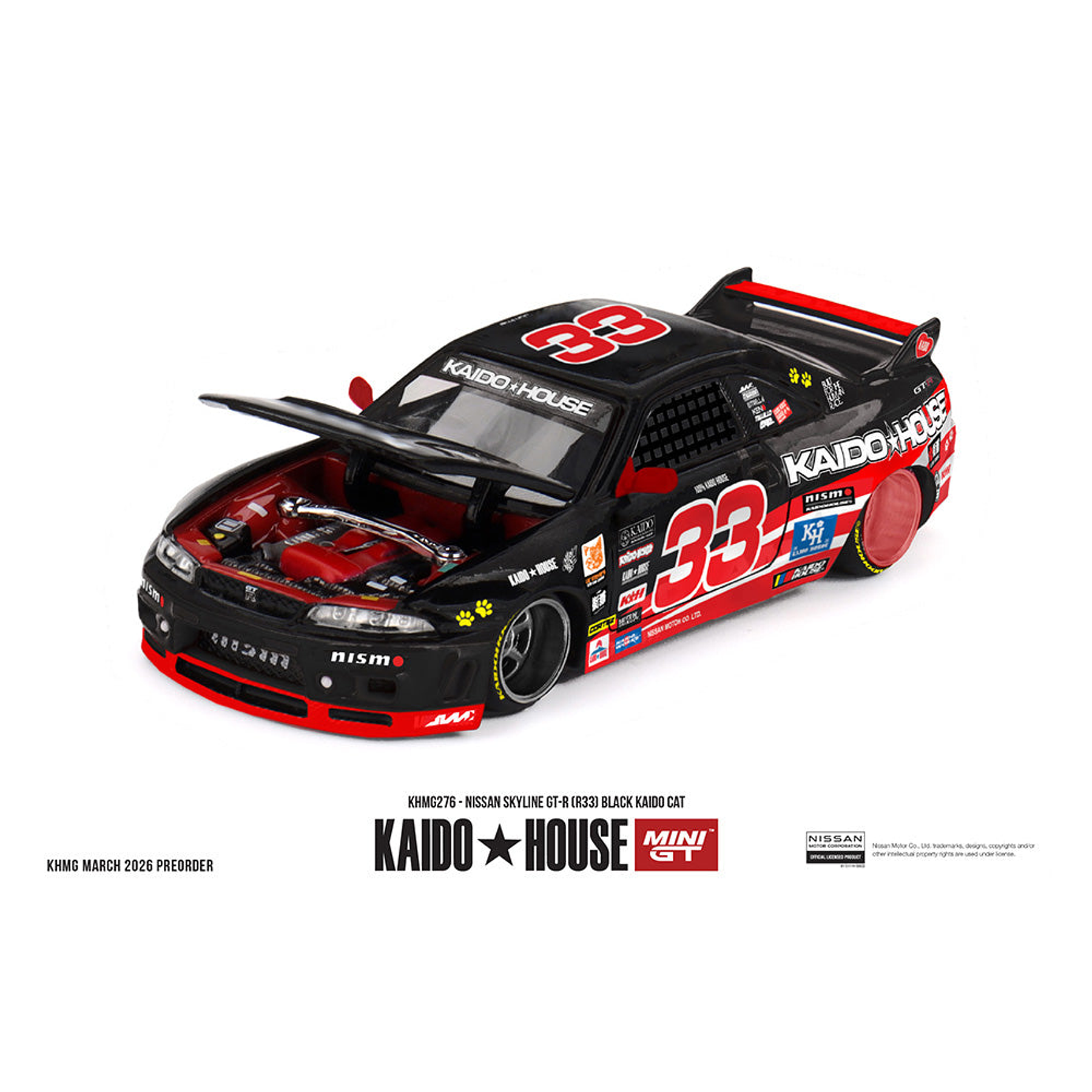 (PREVENTA) Kaido House x Mini GT 1:64 Nissan Skyline GT-R (R33) Black Kaido Cat – Limited Edition KHMG276